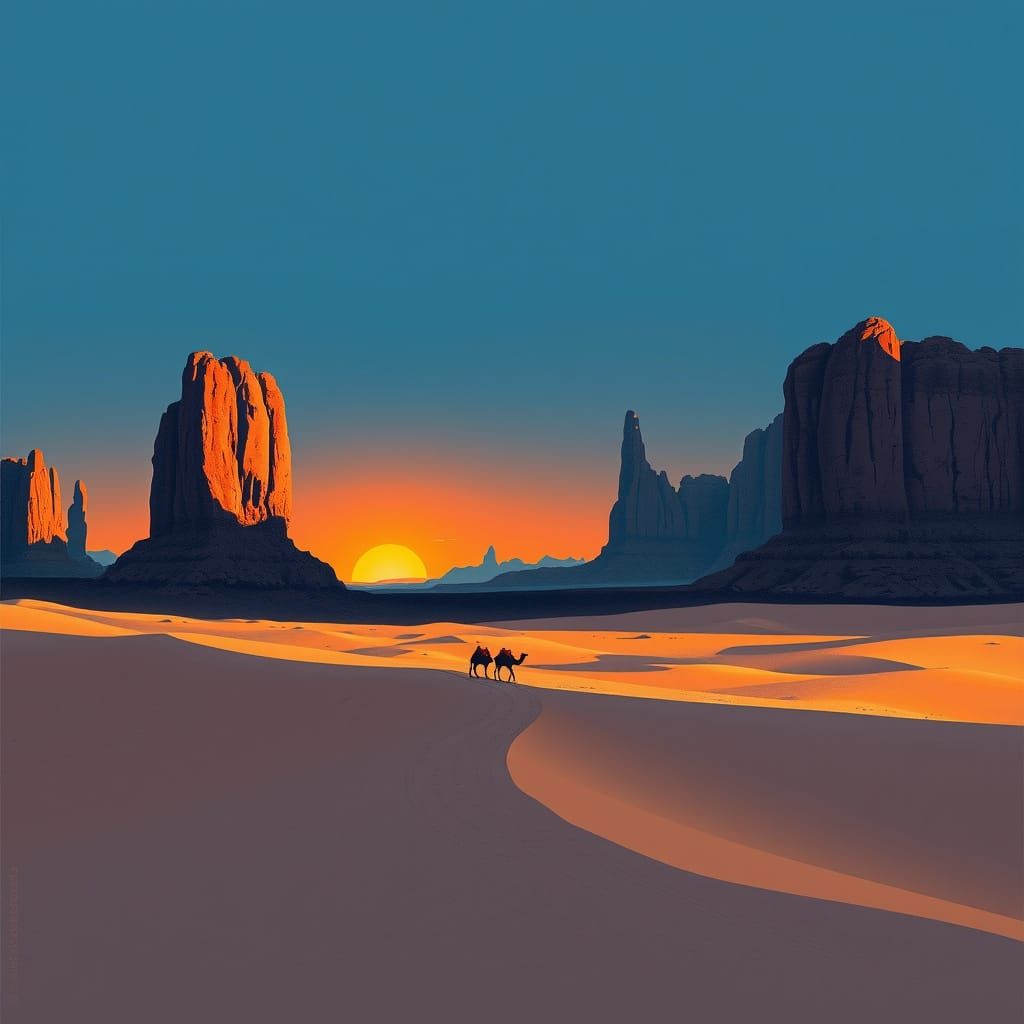 Desert Sunrise Landscape with Ancient Caravan in Vintage Pos...