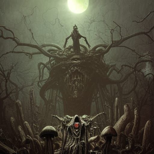 Ghoul Summoning in Mushroom Forest, Dark Fantasy Art