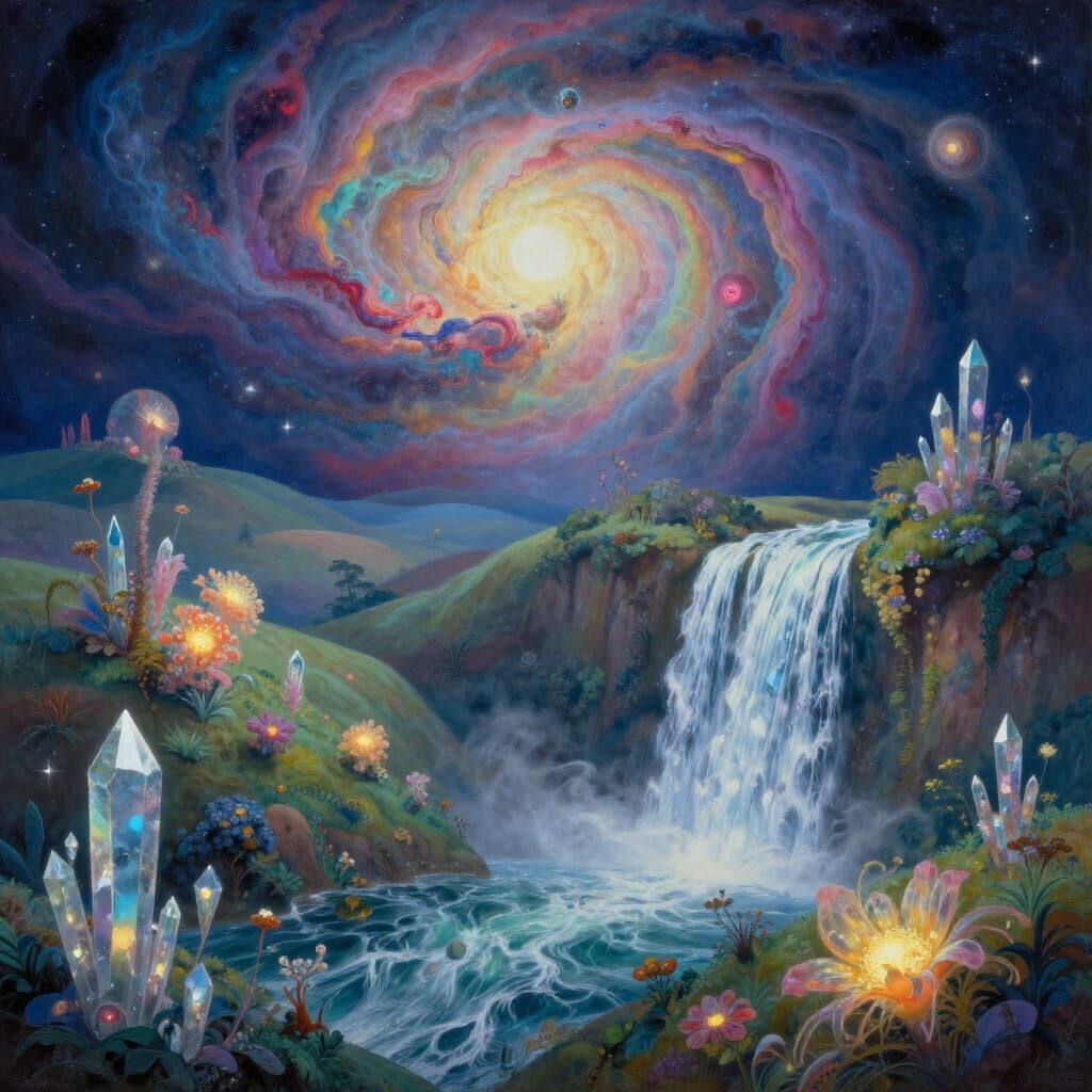 Surreal Dreamscape: Nebulae, Hills, and Shimmering Waterfall...