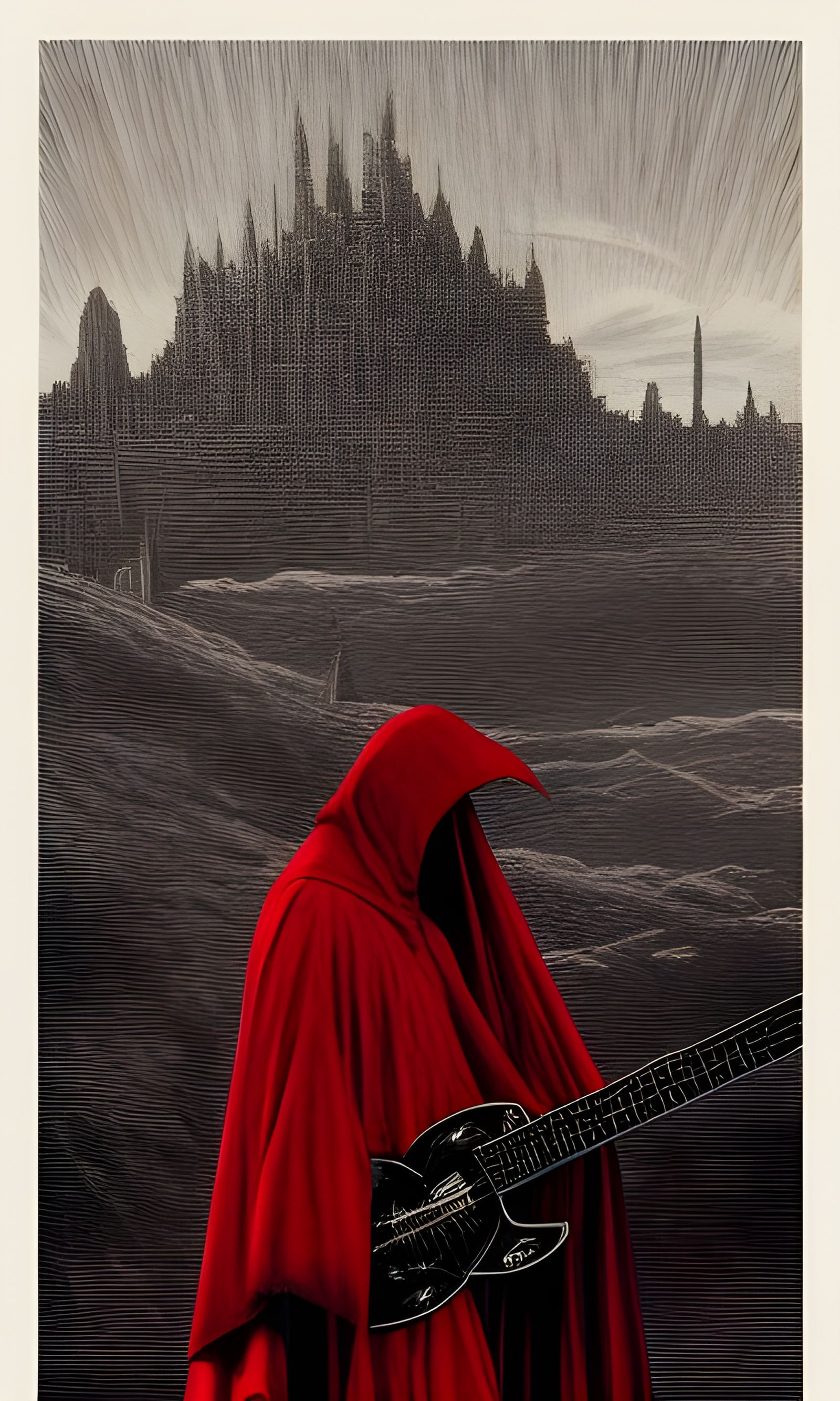 Doom Guitarist in Red Cloak, Hyperdetailed 8K Art