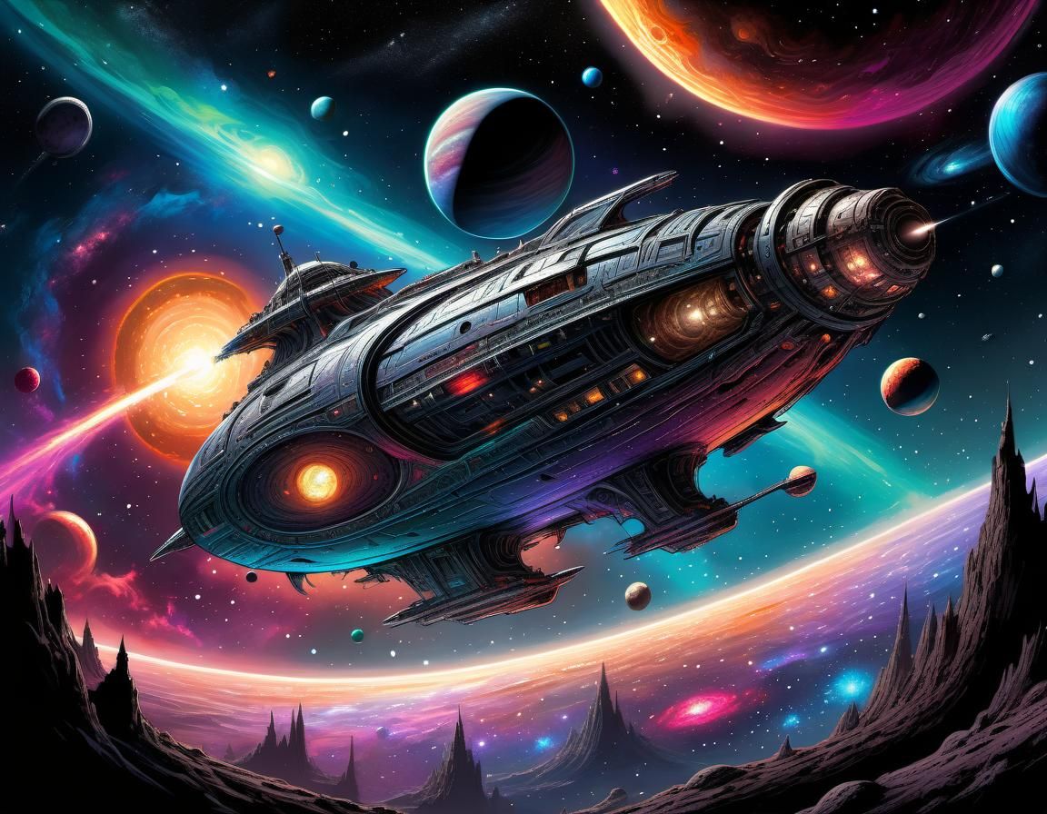 Colorful Spaceship Gliding Through Dark Fantasy Galaxy