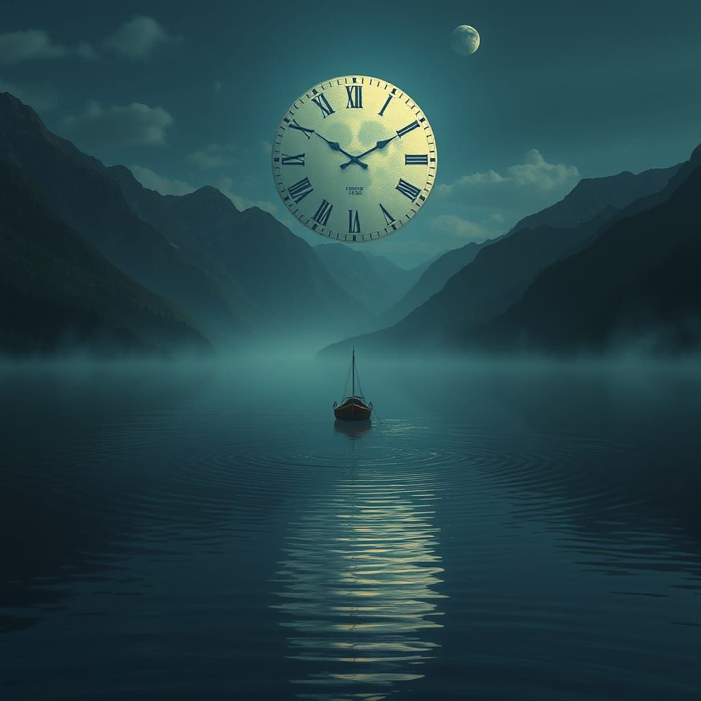 Surreal Lake Scene with Clock in Sky