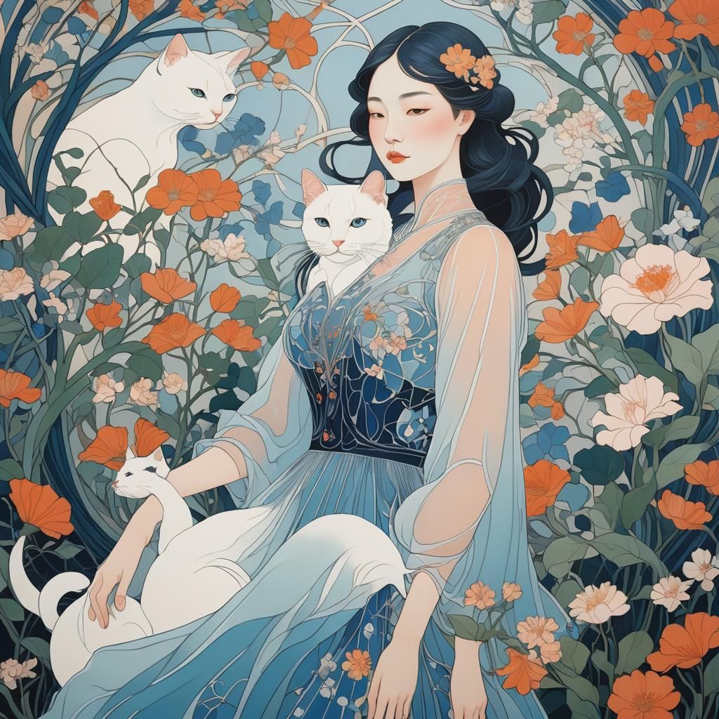 Elegant Lady with White Cat in Art Nouveau Style