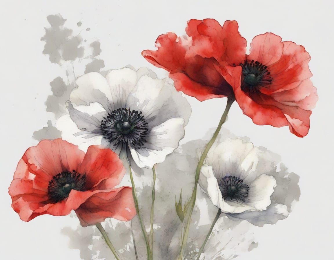 Vibrant Chinese Watercolor Poppies in Full Bloom