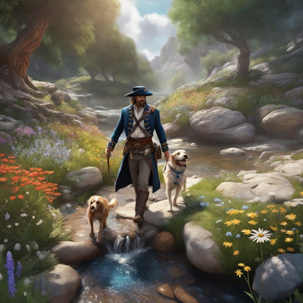Captain Jack and Dog by Stream in Hyperrealistic Fantasy Art