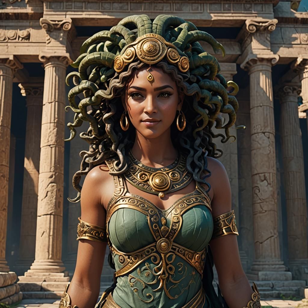 Flirty Medusa at Greek Temple: Fantasy Concept Art