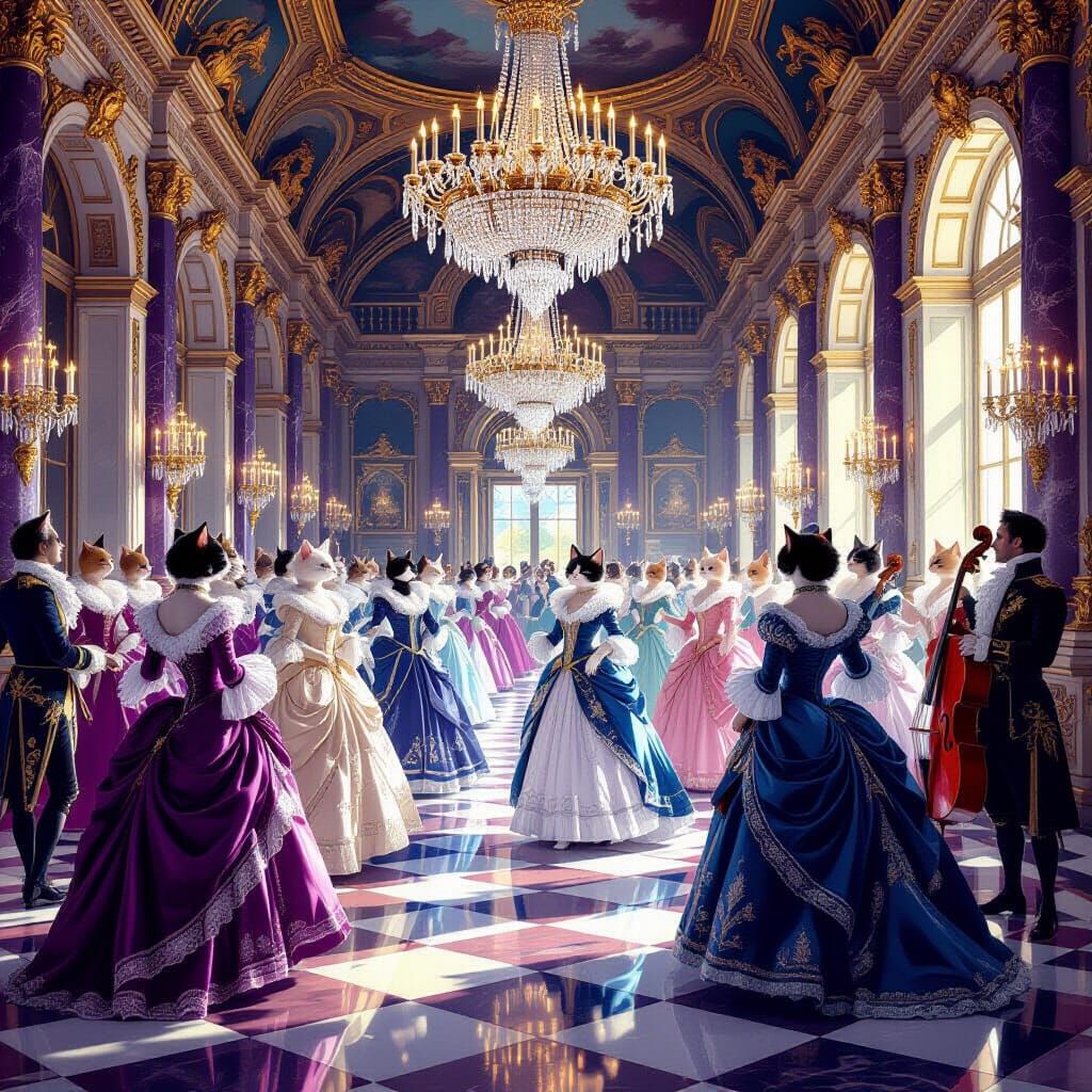 Anthropomorphic Cats Attend a Baroque Palace Ball