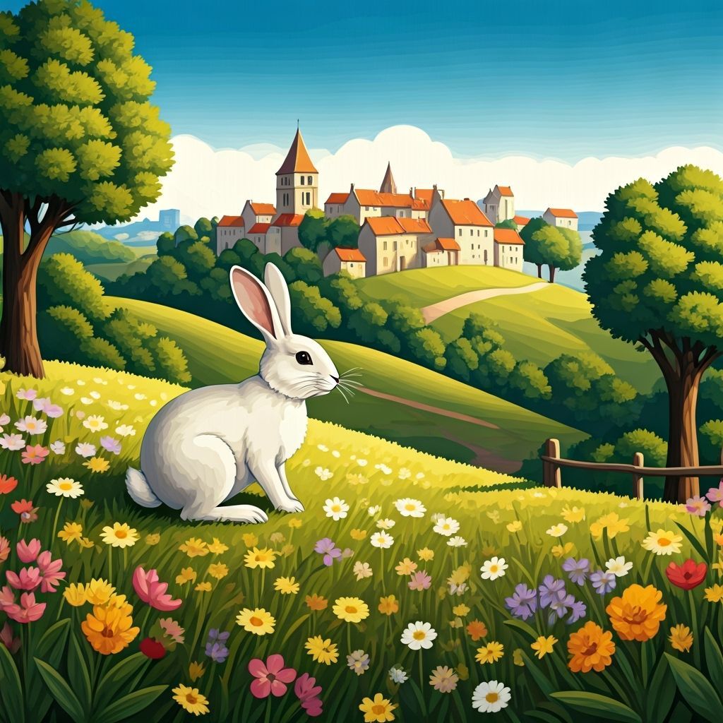 Rabbit in French Village, Naive Folk Art Style