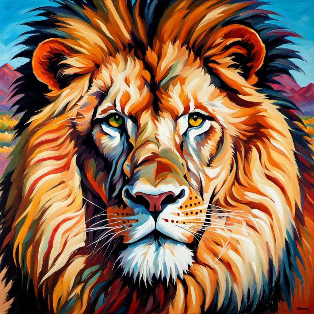 Majestic Lion Portrait in Tachisme Style