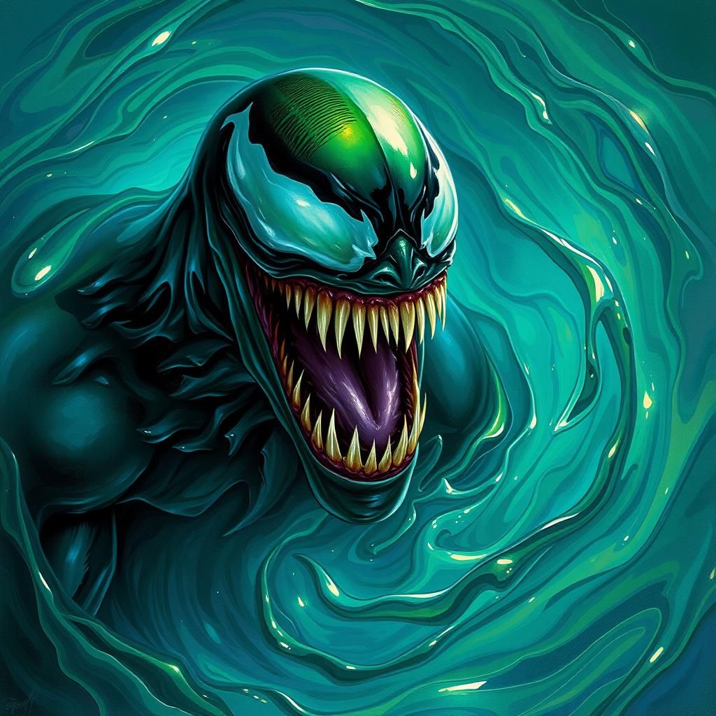 Venom-like Creature Crying in Iridescent Liquid