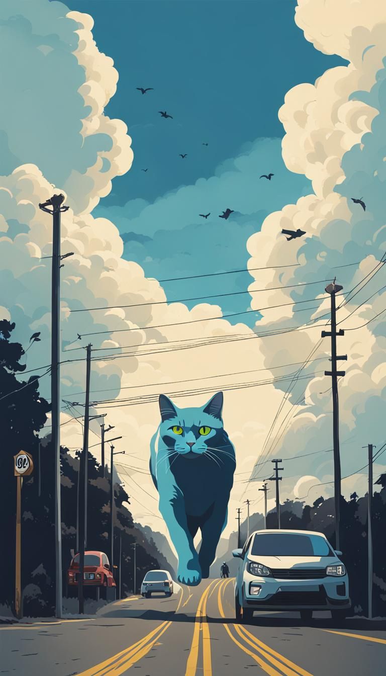 Cat's Journey: Road Under a Cloudy Sky