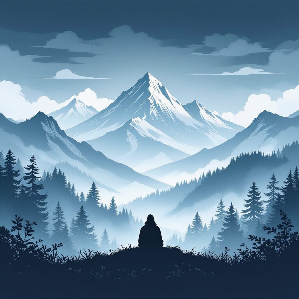 Lone Wolf in Serene Forest Ink Drawing