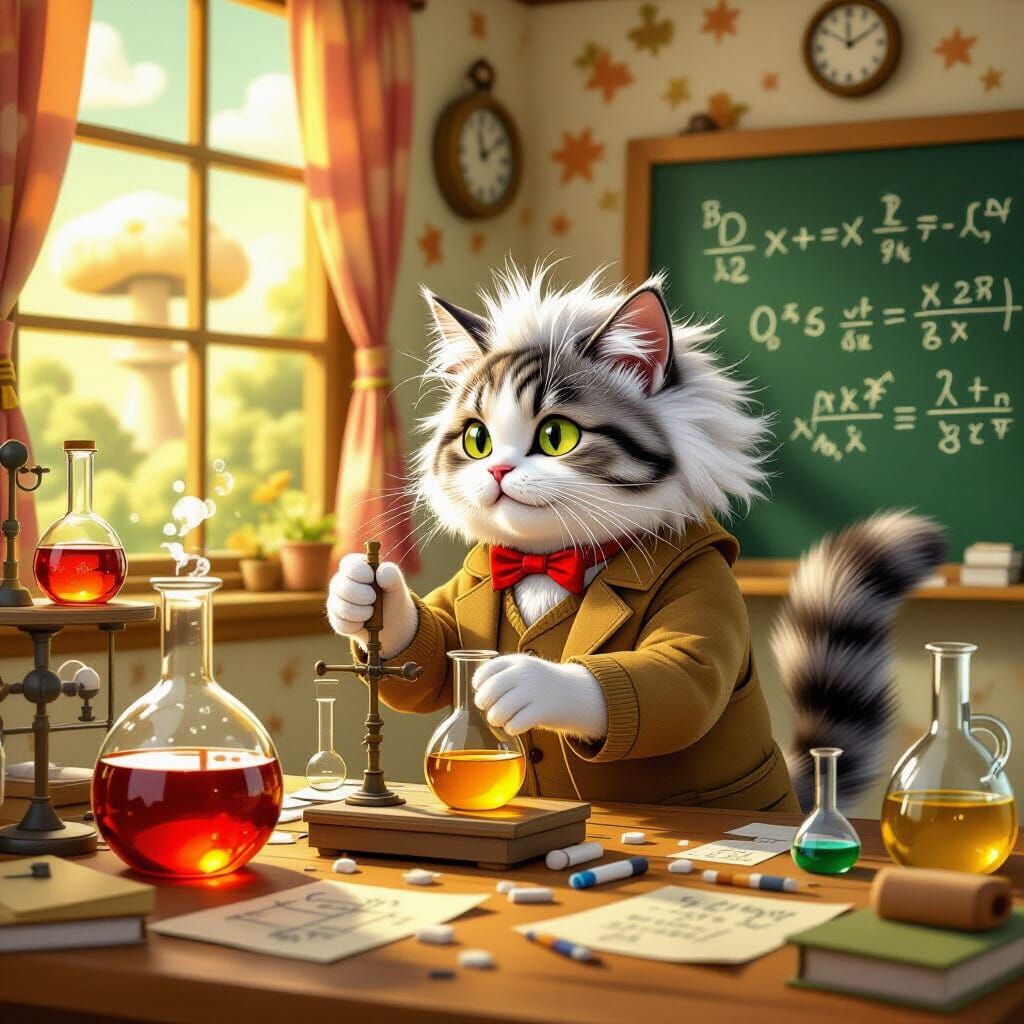 Einstein Cat Conducting Science Experiment in Surreal Lab