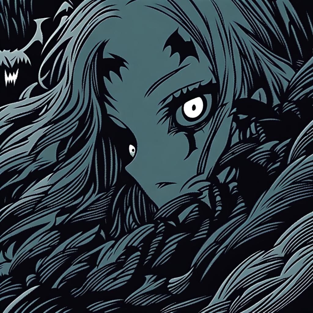 Vampire bunny, style of Junji Ito, cel-shaded, manga horror,...