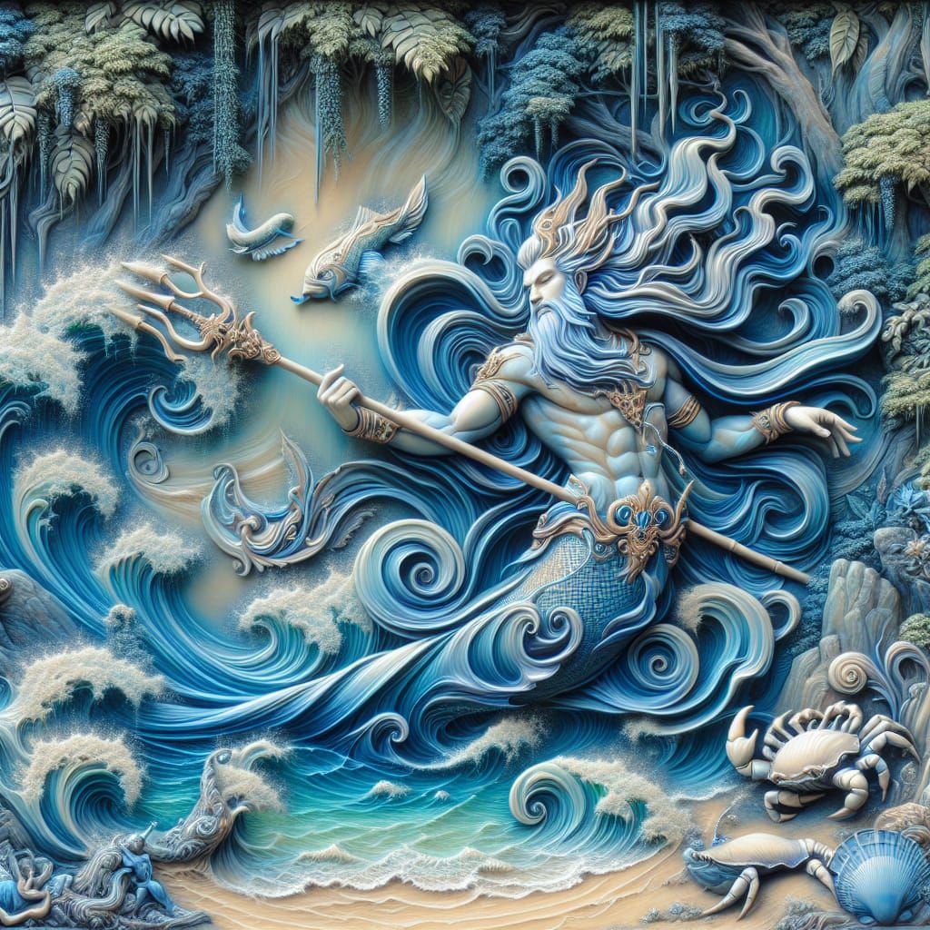 Enchanting Art Nouveau Beach Scene with Majestic Ocean God