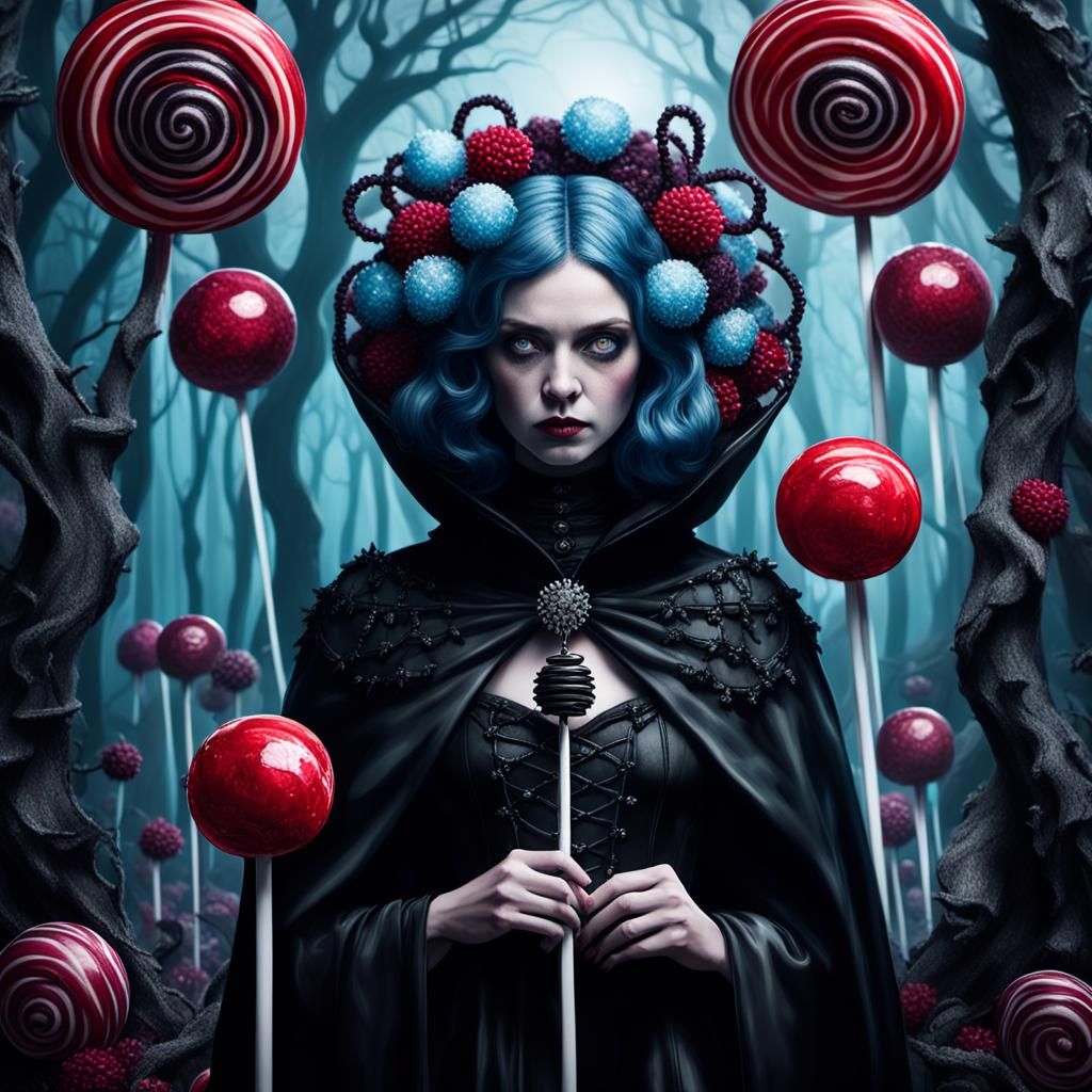 bumble bee goth woman in a forest full of lollipops grayscal...