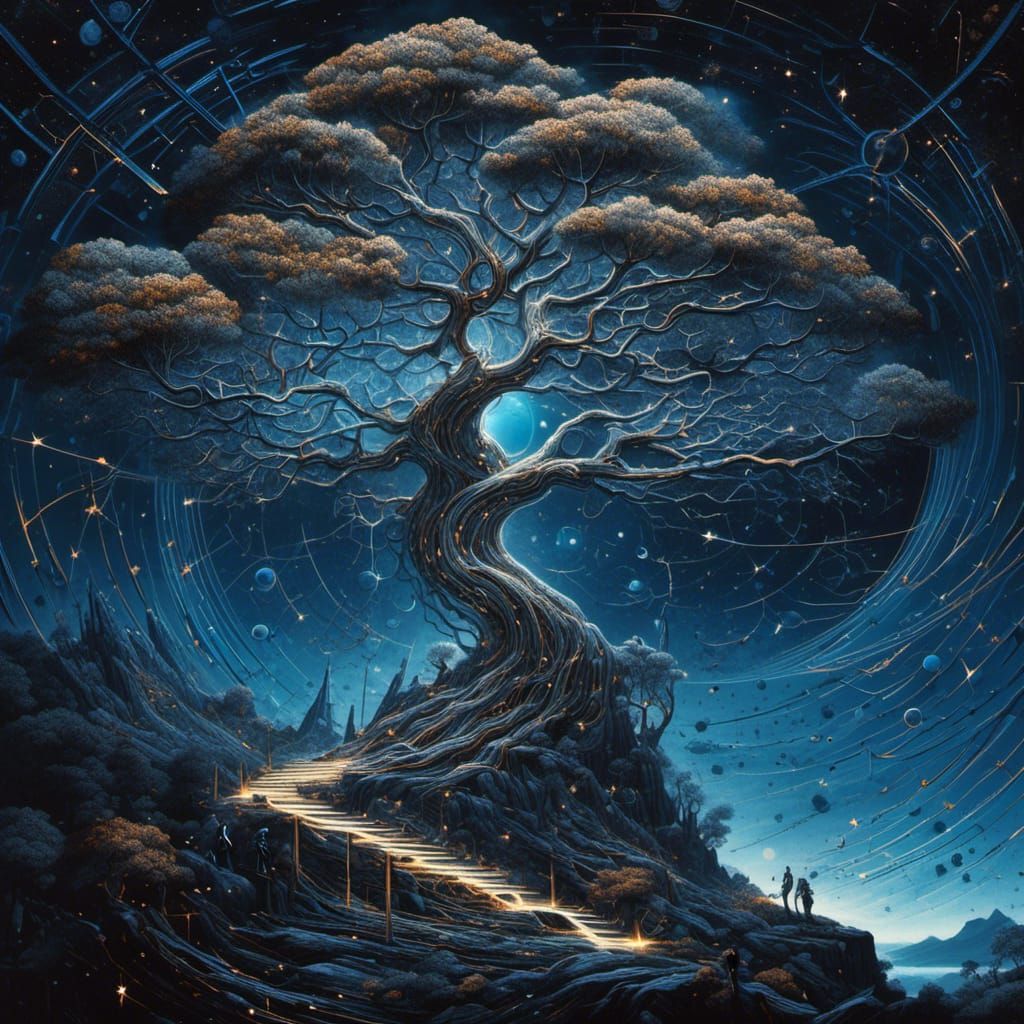 Glowing Sci-Fi Tree on Cliff Illustration