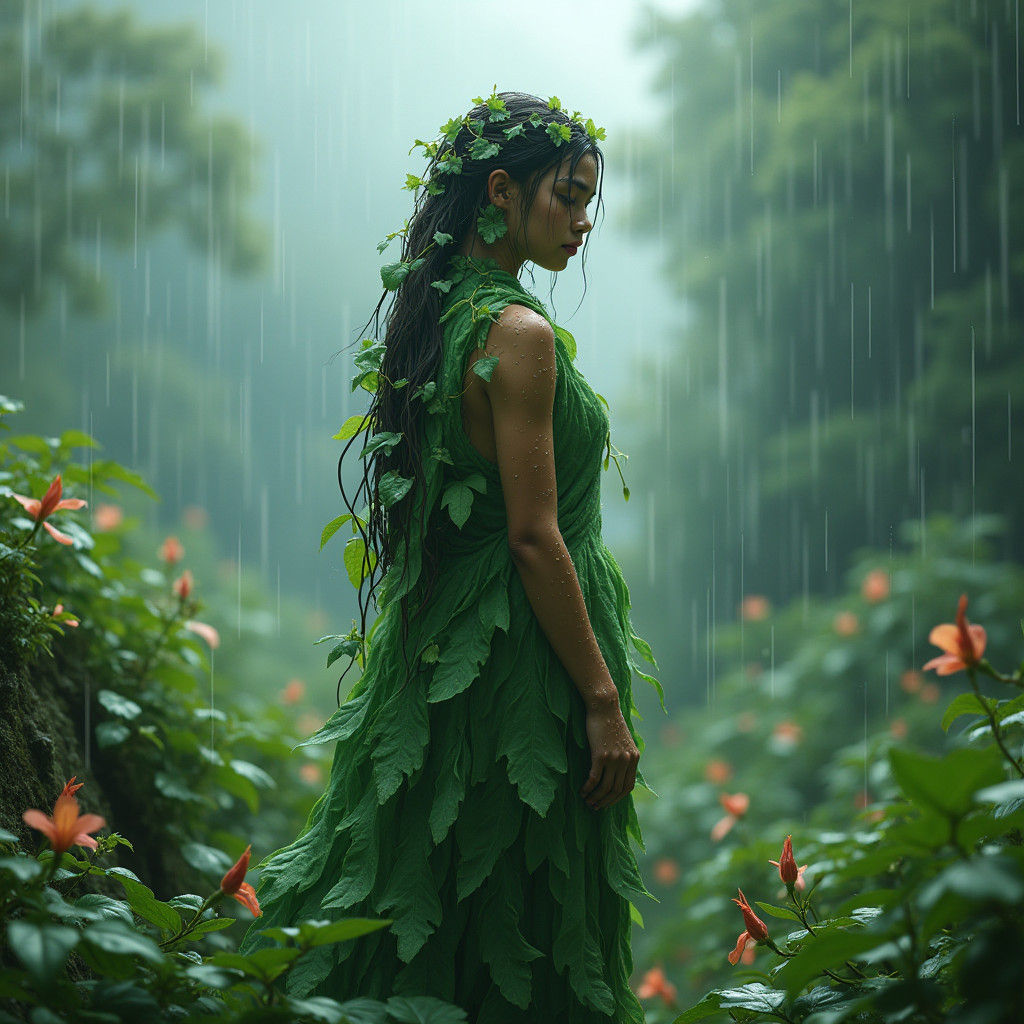 Youthful Rain God Surrounded by Blooming Flora in a Serene S...