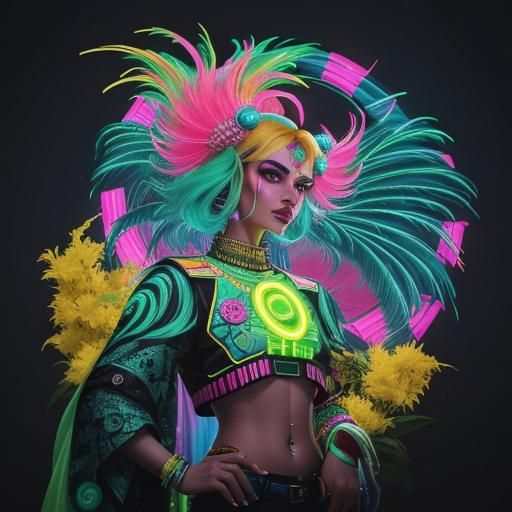 Dragon Peacock Woman in Neon Synthwave Style