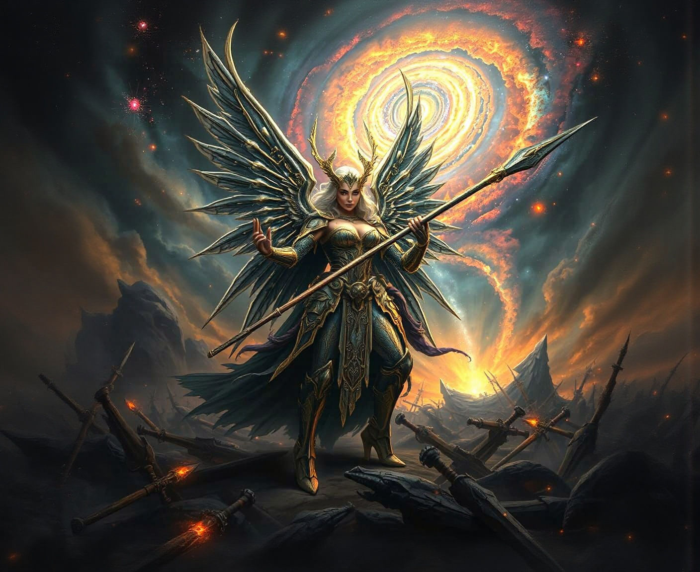 Valkyrie Warrior on Battlefield in Art Nouveau Style