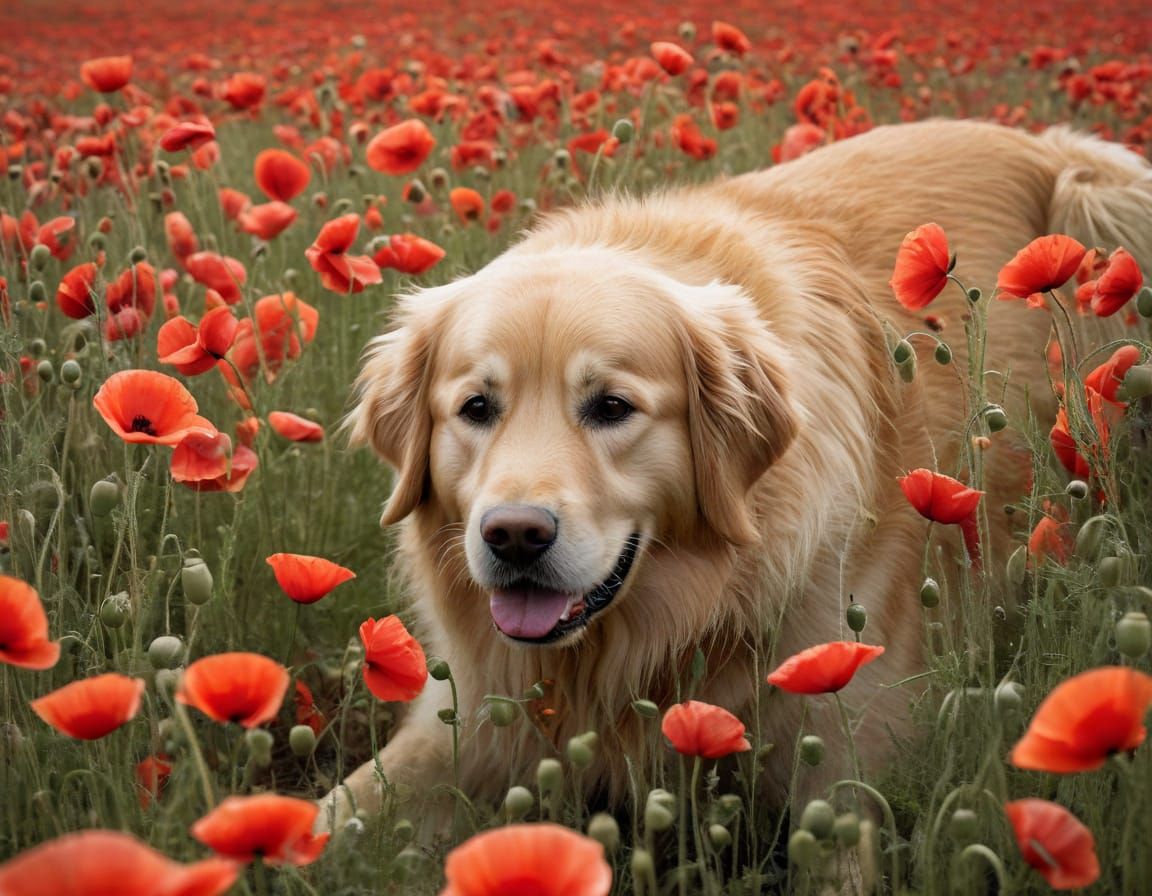 Golden Retriever in Poppy Field, Romantic Vintage Illustrati...