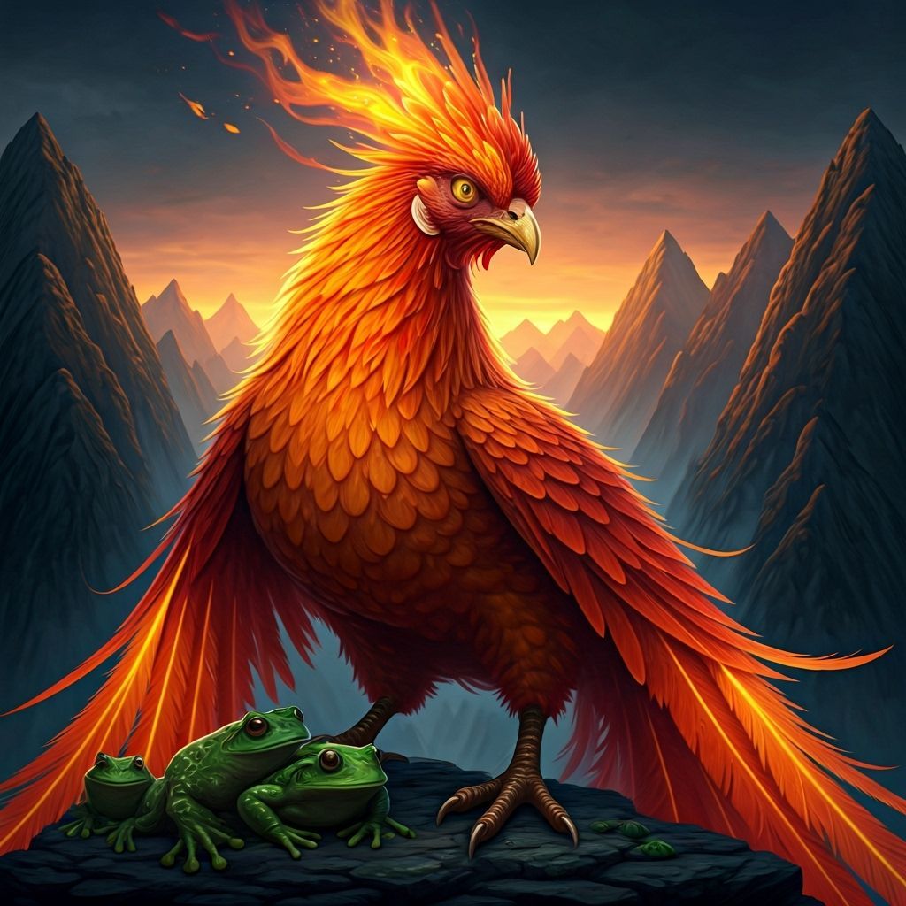 Mythical Fire Chicken Perched in Majestic Mountains
