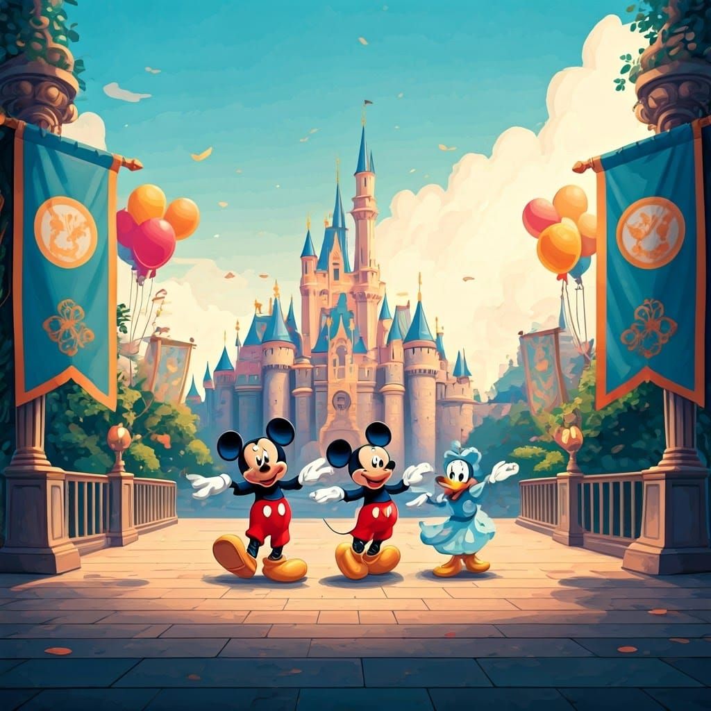 Festive Disneyland Scene with Mickey Mouse and Friends