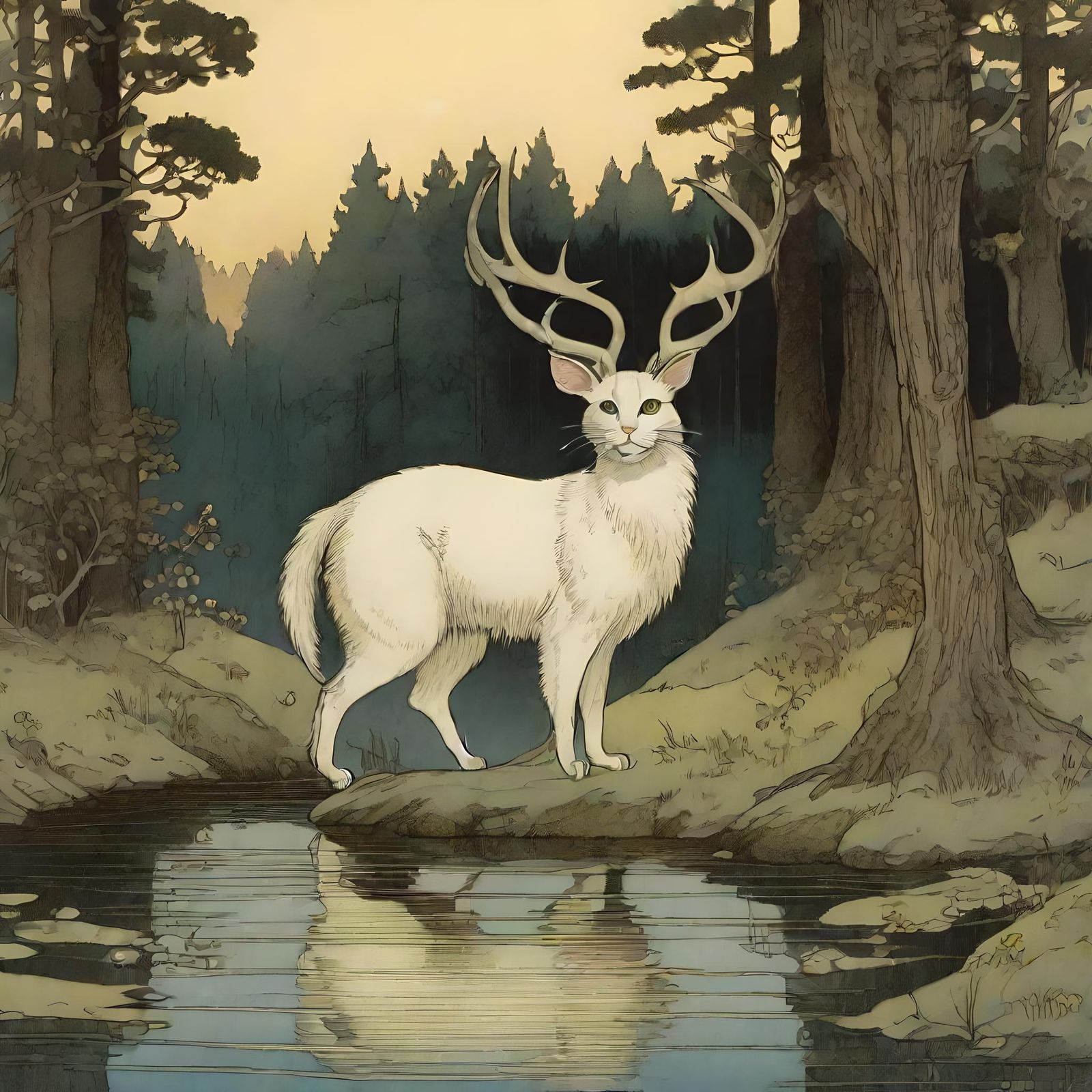 Antlered Cat by Forest Pond in Fairy Tale Style