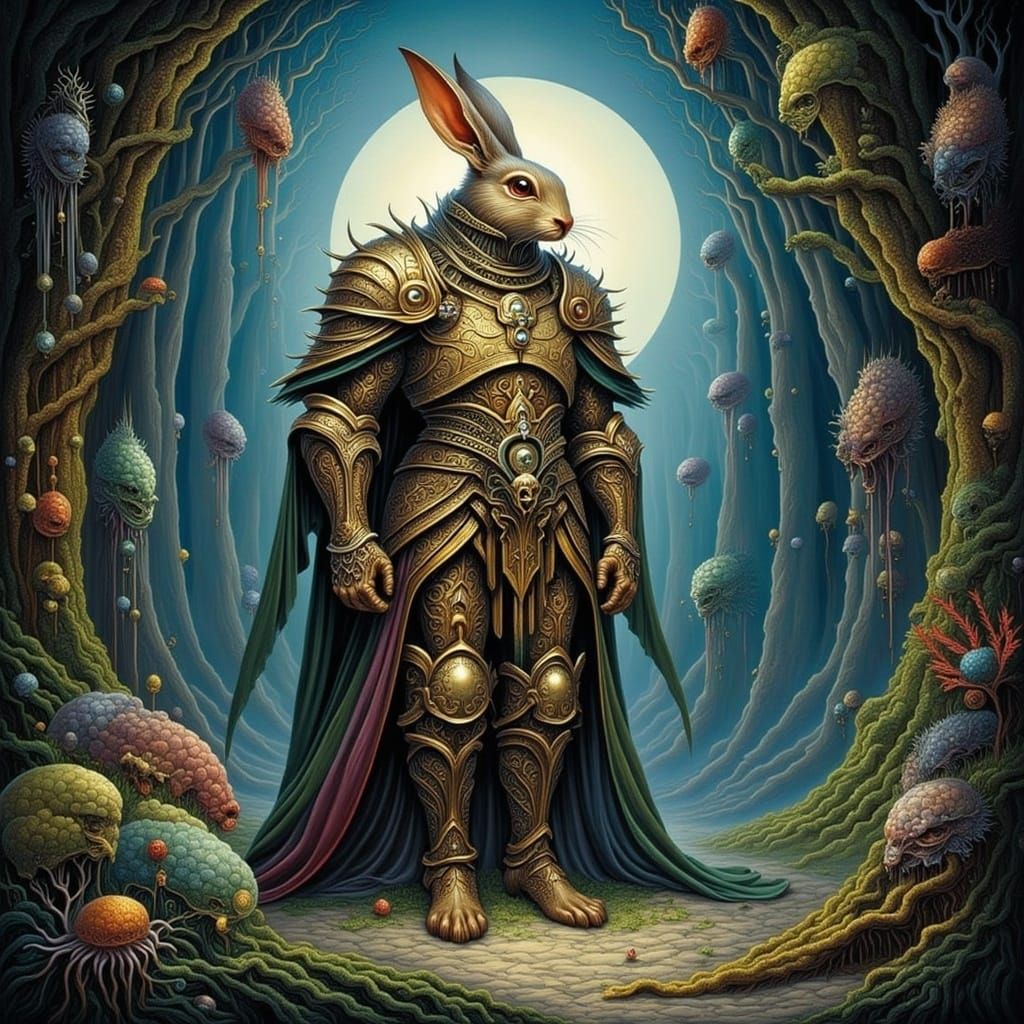 Rabbit Warrior in Mystical Forest, Digital Illustration