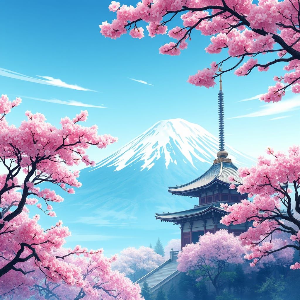 Majestic Temple Amidst Cherry Blossoms and Mount Fuji