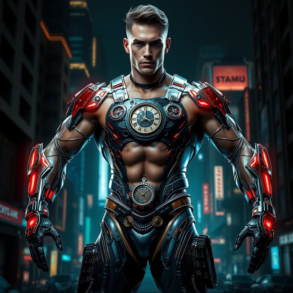 Cyberpunk City Guardian in Clockwork Exosuit