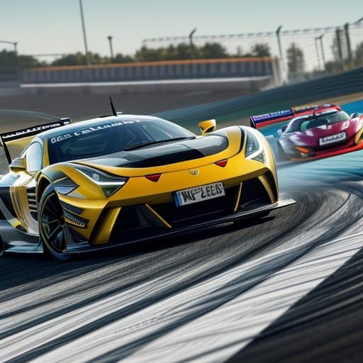 Cars Racing on Track in Hyperrealistic Style