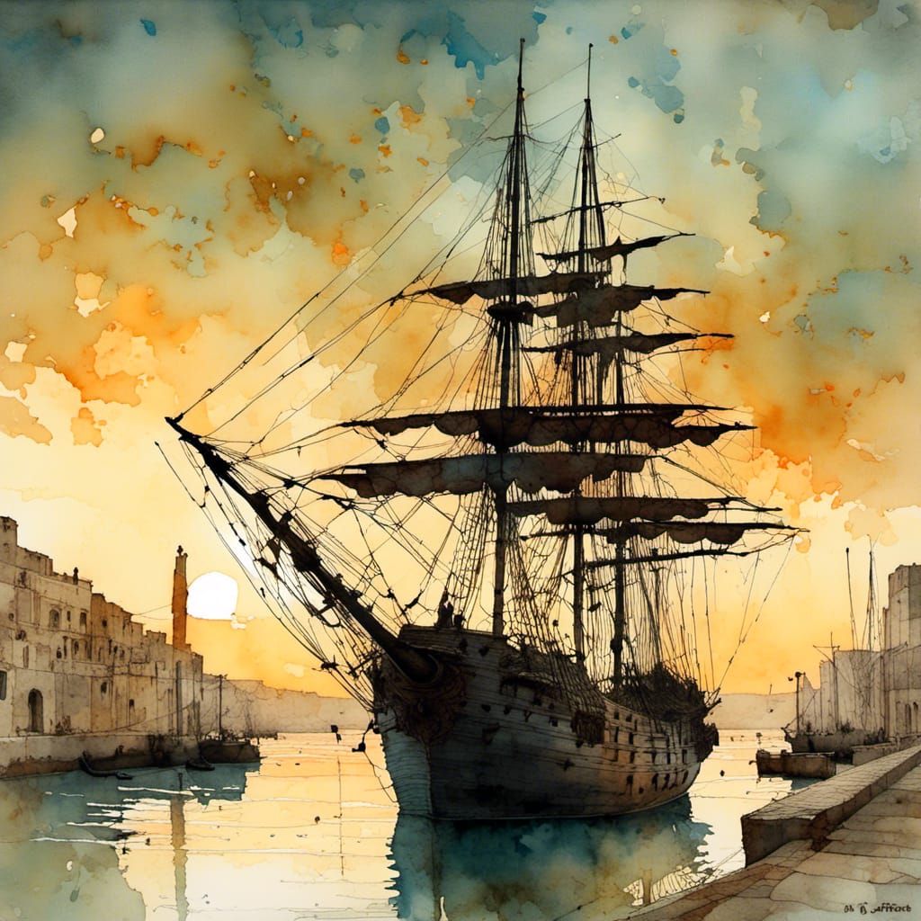 pirate ship anchored in the port of La Valette