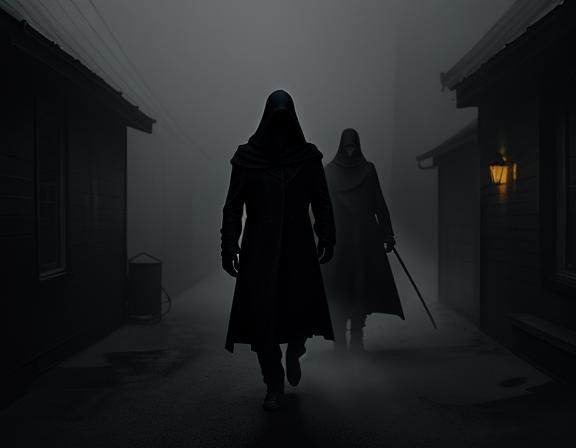 Ominous Hooded Figure in Misty Alleyway