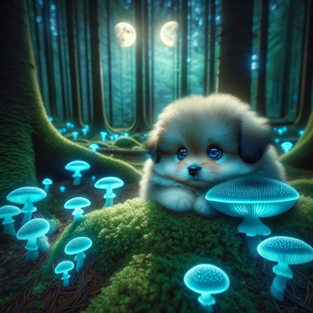 Fluffy Puppy Among Glowing Mushrooms in Two Moon Forest