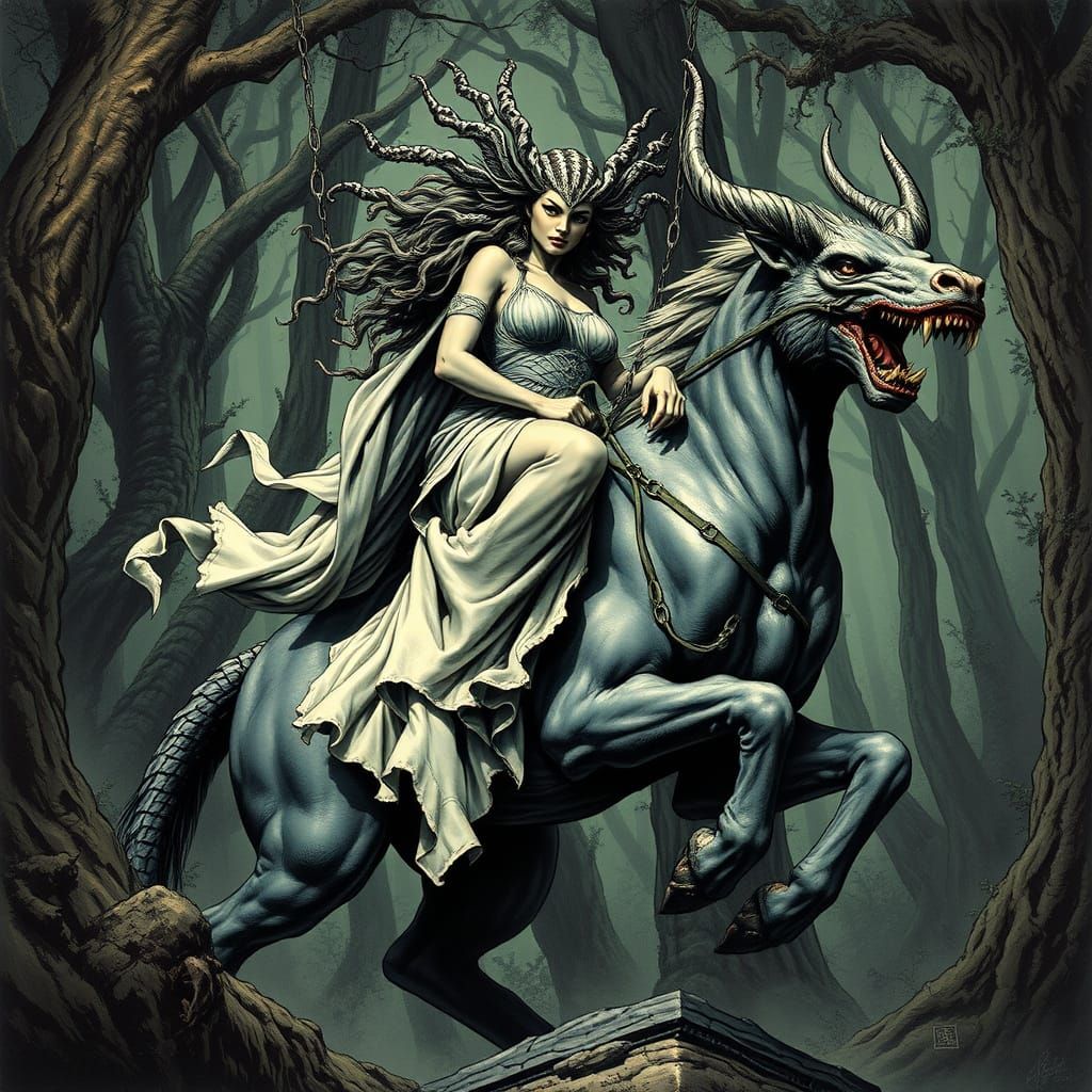Medusa Rides a Manticore in Dark Forest