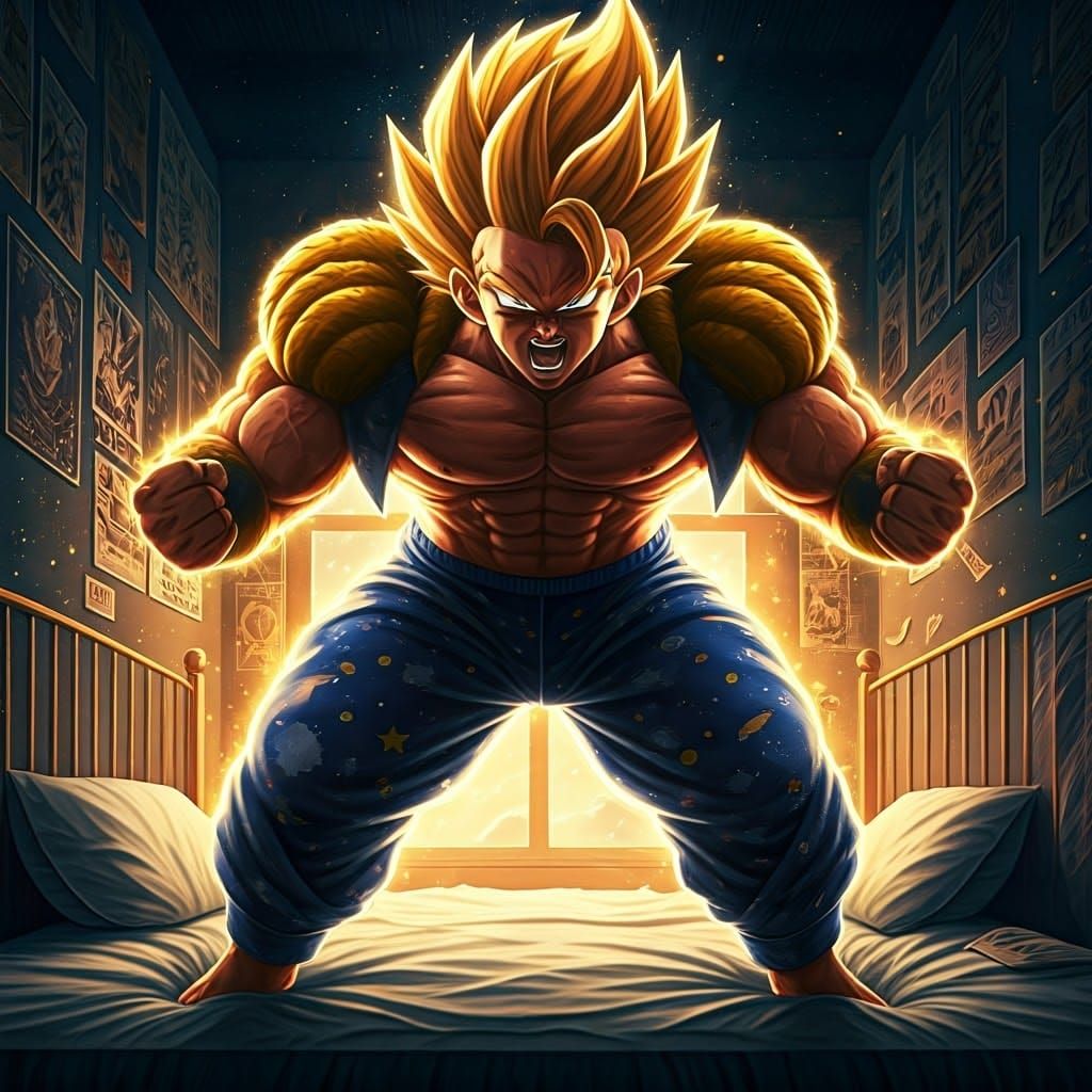 Buff Super Saiyan Leaping from Bed in Anime Style