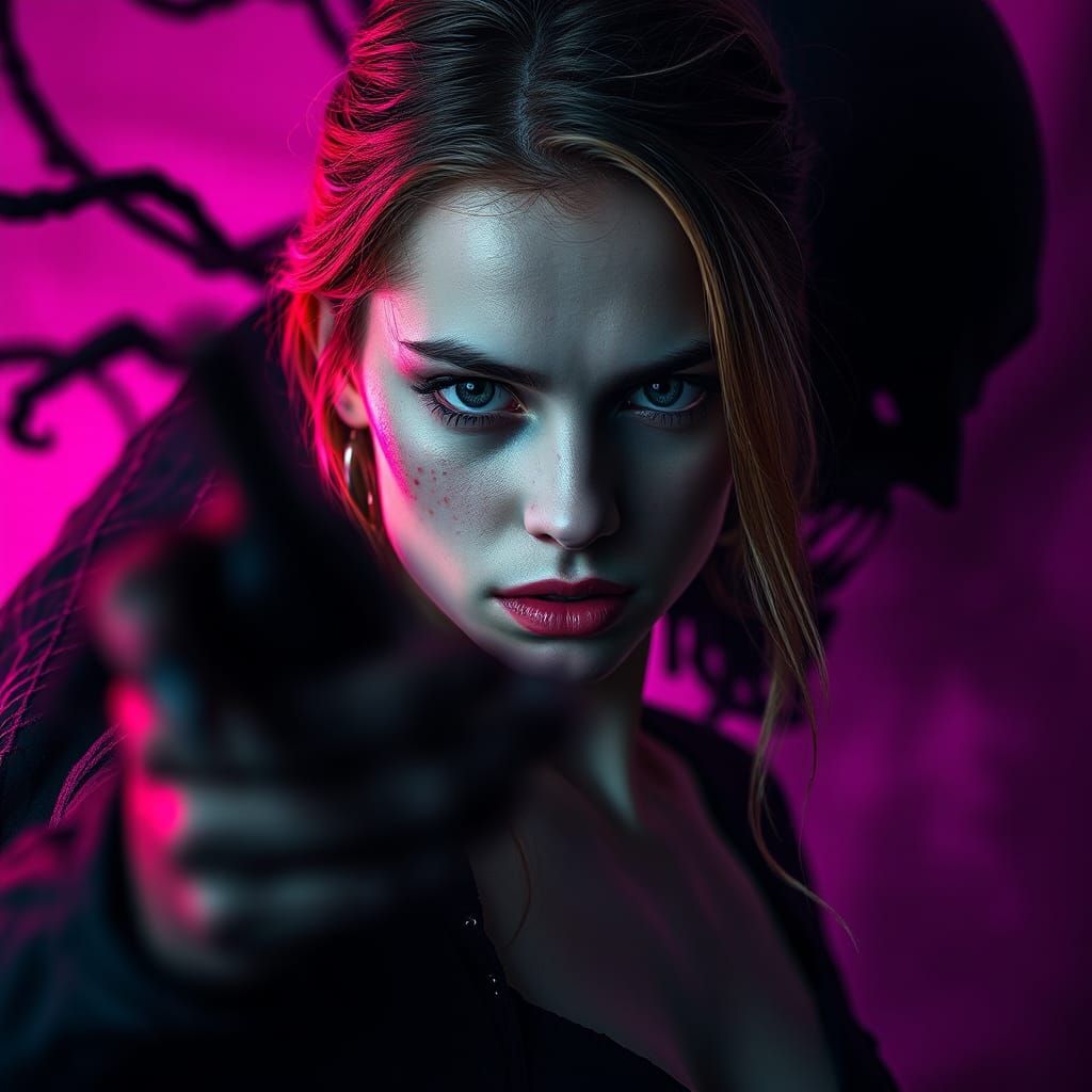 Woman Battles Darkness in Hyperrealistic Style