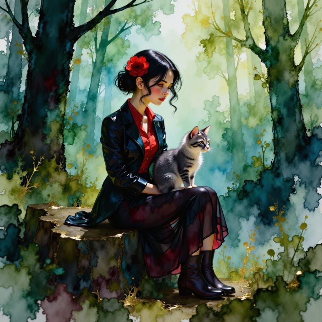 Elegant Woman with Cat in Foggy Forest Watercolor