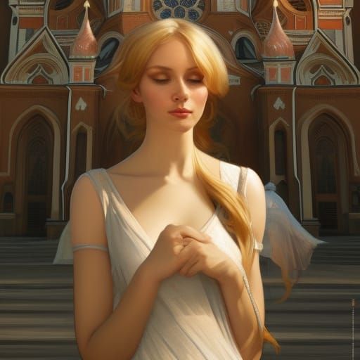 A skinny Russian woman in front of orthodox church