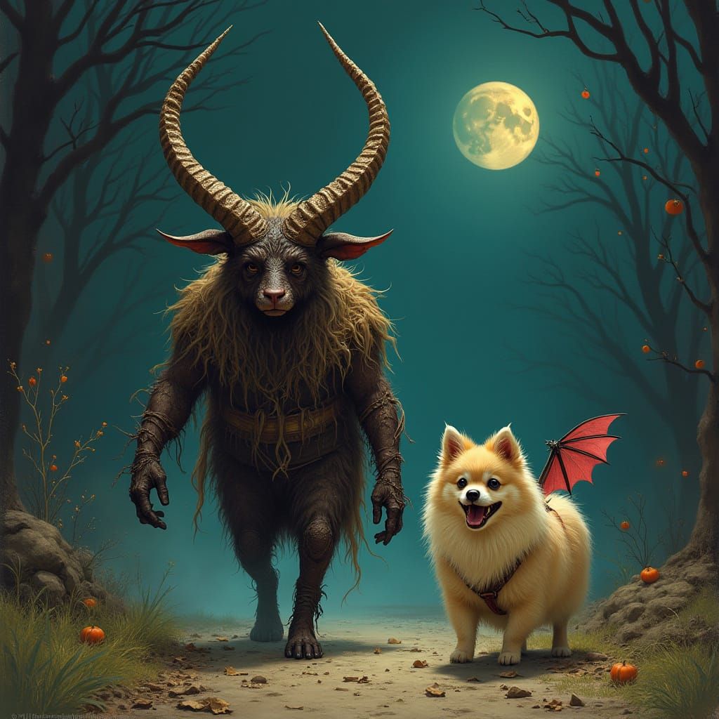 Krampus Walks Winged Dog on Halloween Night