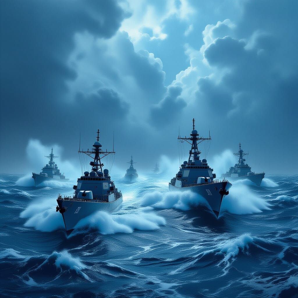 US Navy Warships in Stormy Seas: Digital Matte Painting