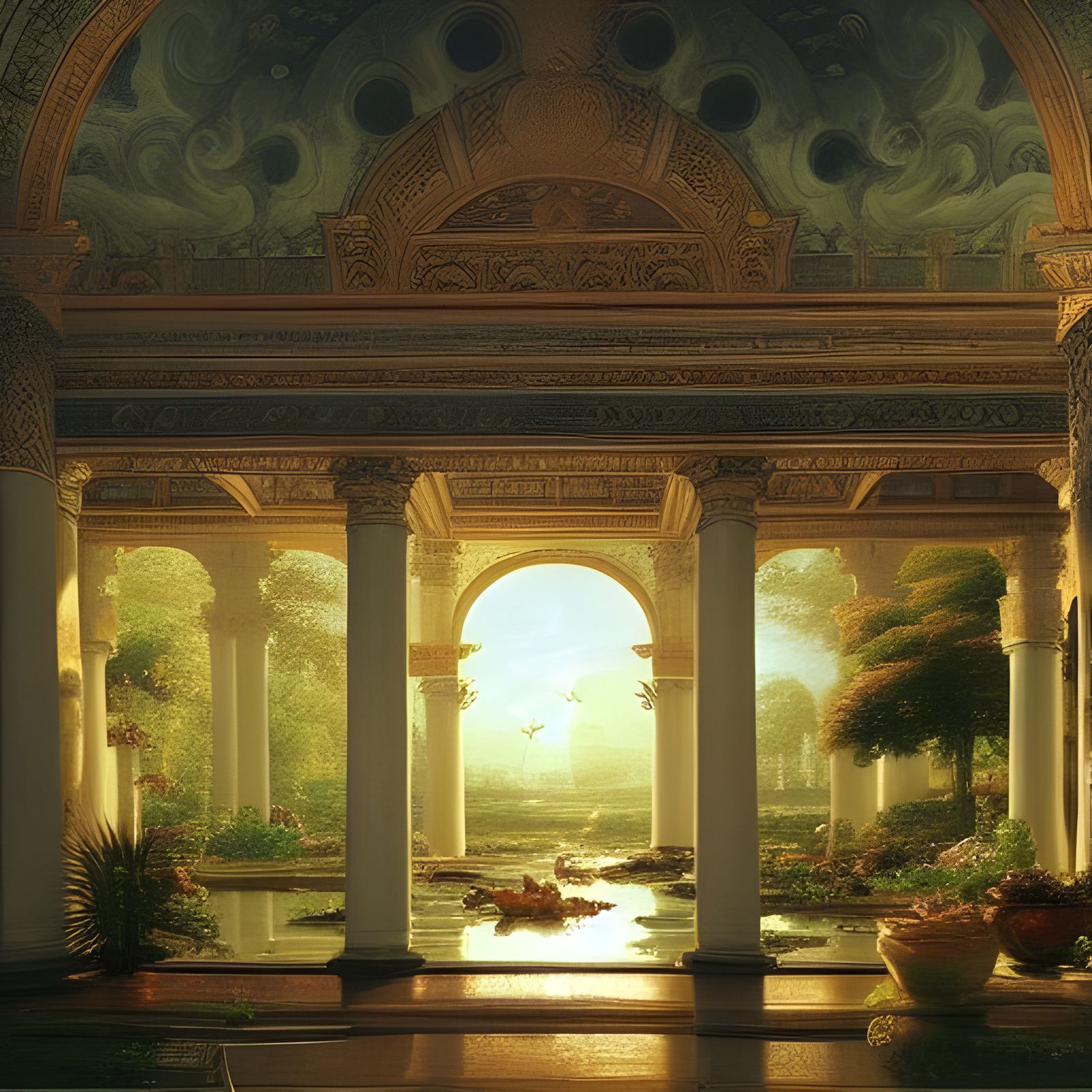 Garden Palace Room with Koi Pond: Oil Painting