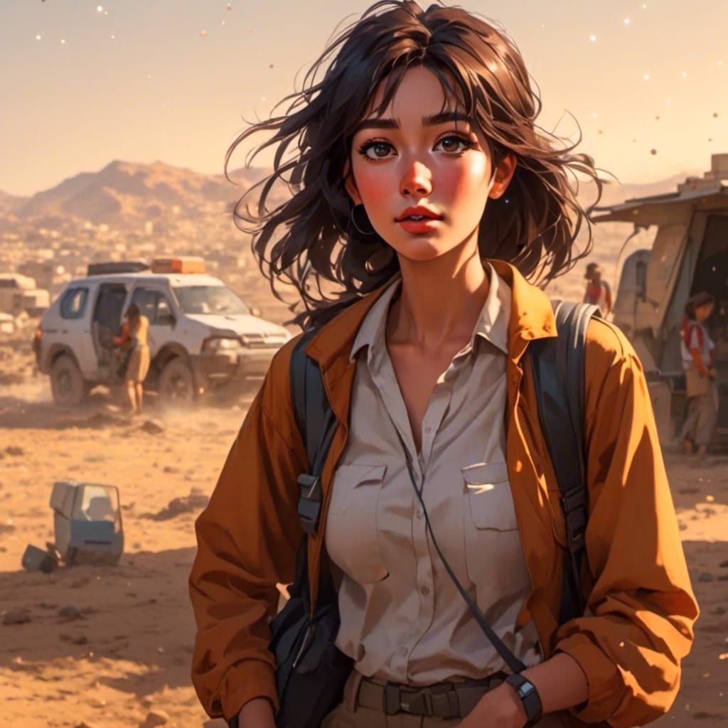 Anime Woman Providing Humanitarian Aid in the Middle East