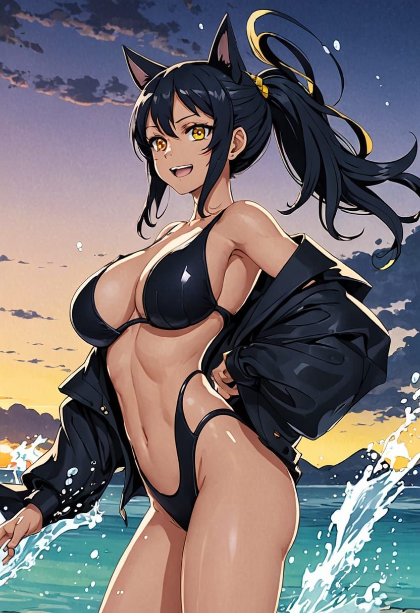 Anime Girl Running on Beach in Manga Style