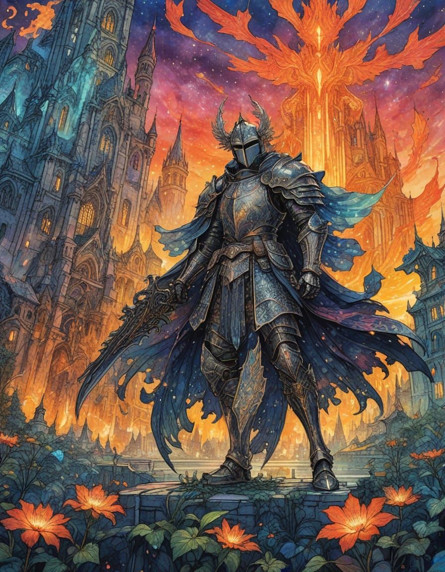 Winged Holy Knight Before Magical City in Manga Style