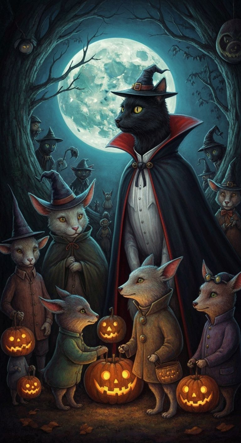 Whimsical Halloween Scene with Animals in Costume