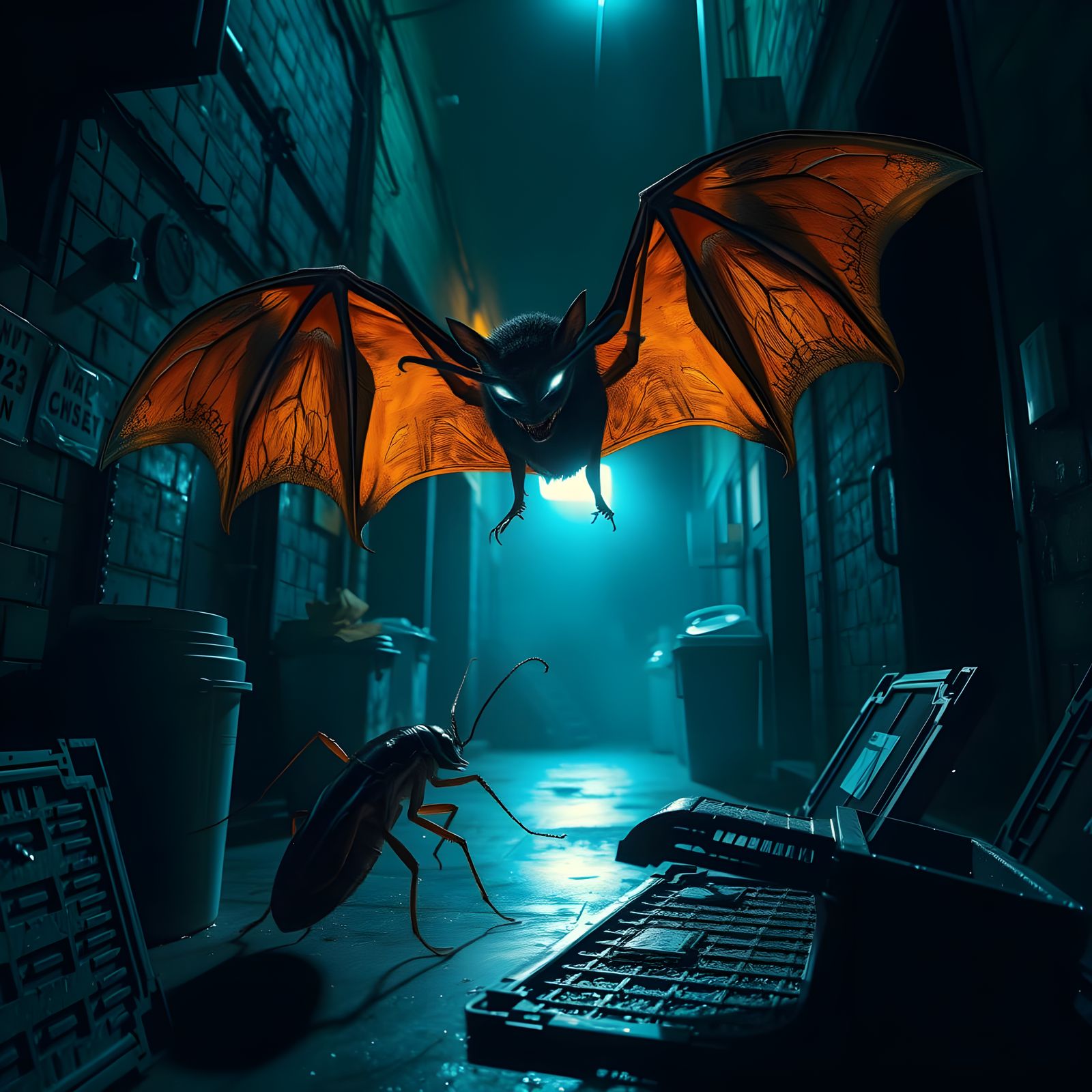 Dark Surrealism of Bat vs Cockroach in a Gritty Alleyway