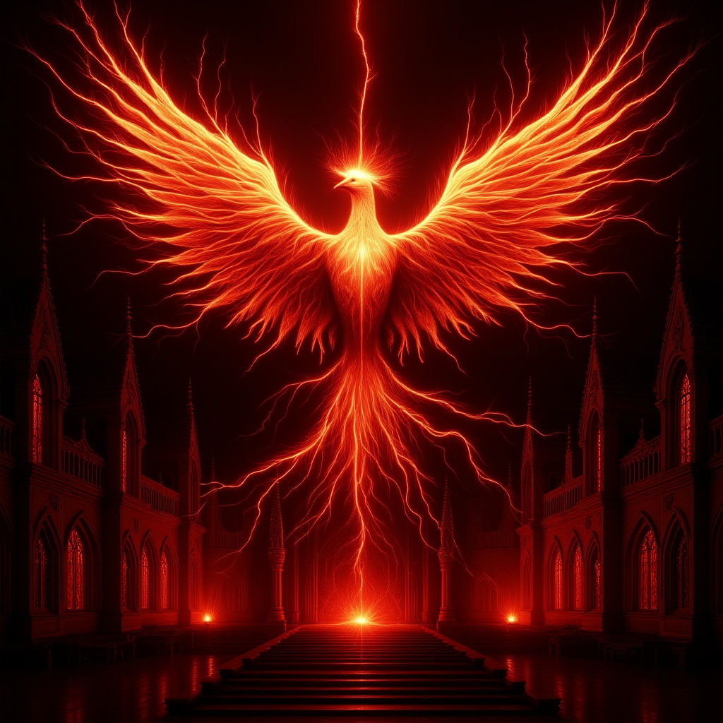 Phoenix with Electric Energy Above Gothic Cathedral