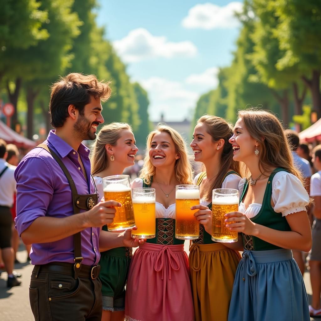 Oktoberfest Celebration with Friends in Bavarian Attire